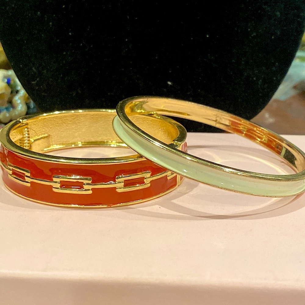 3/$10 2 Metal Enameled Bracelets. One is a Clamper One is A Bangle. Gold Tone.